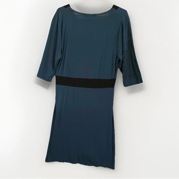 SIMONS CONTEMPORAINE Blue Midi Floral Dress Black Accented V Neck Women’s Sz XL - Picture 2 of 6